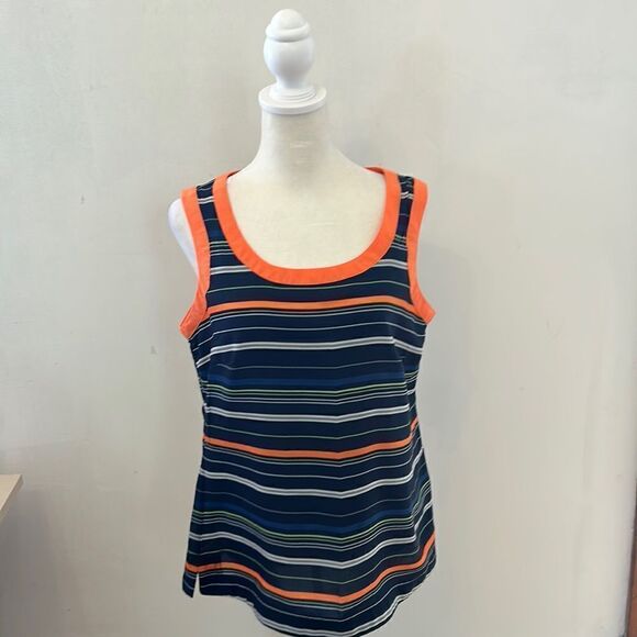 Banana Republic navy white striped sleeveless blouse with orange trim Size M - Picture 1 of 9